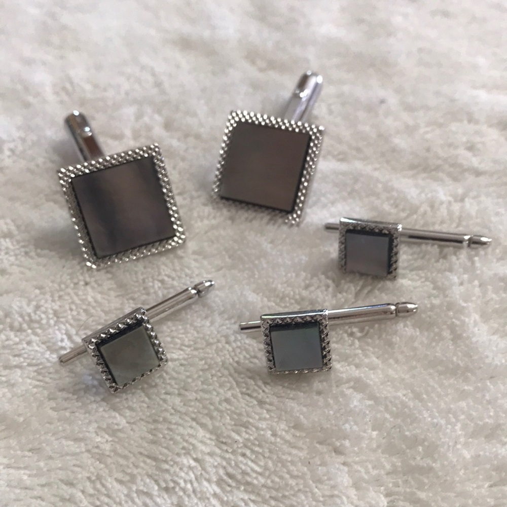 Silver Mother of Pearl Square Cufflinks and Buttons Set 5 pc
